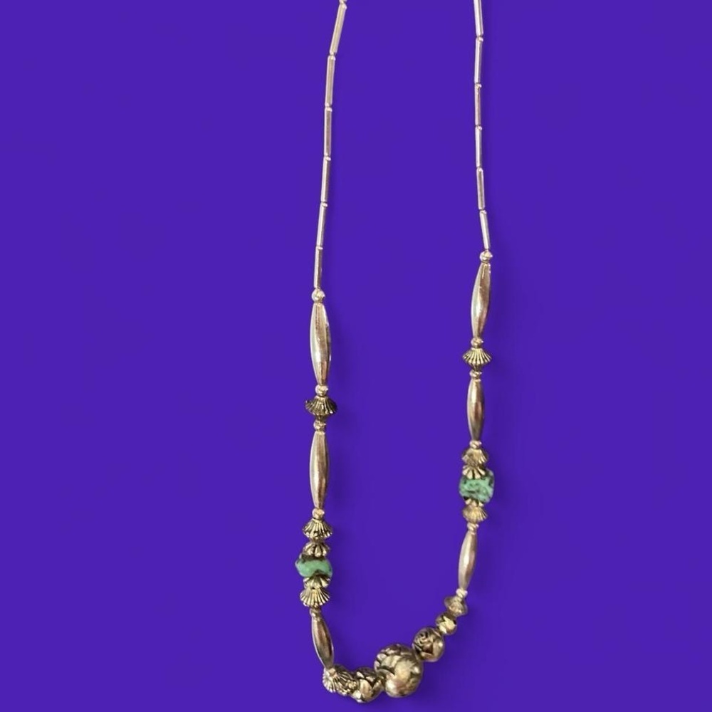 vintage silver tone beaded necklace w beads & charms jewellery turquoise style
